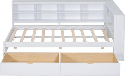 Bellemave Twin Corner Bed Frame, Wood Twin Size Daybed with L-Shaped Bookcase and 2 Drawers，Daybed with Storage Cabinets, White