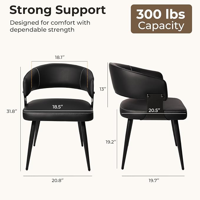 Dining Chairs Set of 2, Modern Upholstered Faux Leather Kitchen Chairs with Curved Back, Easy to Assemble & Clean for Dining Room, Restaurant, Cafe, Black