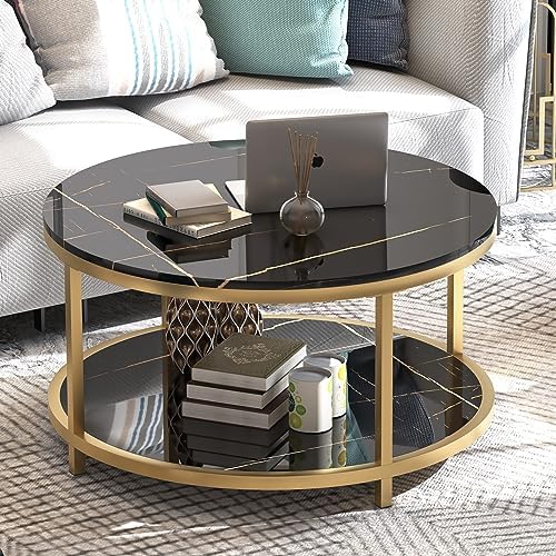 WiberWi Round Coffee Table 33.5" Coffee Tables for Living Room High Glossy Faux Balck Marble Top Modern Circle Table Sturdy Gold Metal Frame Legs Cocktail Table with Storage Open Shelf
