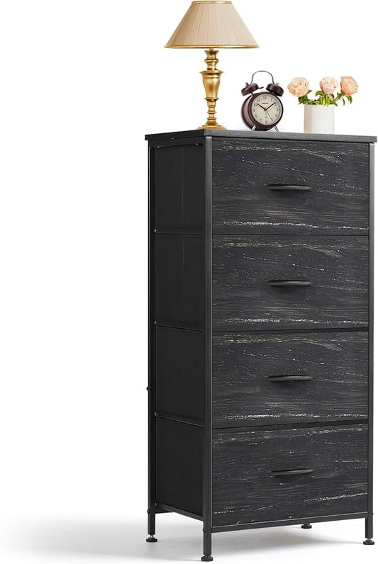 4 Drawers Dresser for Bedroom, Fabric Storage Tower Organizer with Wooden Top and Steel Frame, Tall Chest of Drawers for Closet, Entryway, Dorm, Charcoal Black