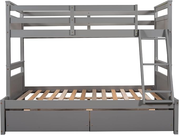 Twin Over Full Bunk Beds with 2 Under Bed Storage Drawers, Stronger & More Stable Bunkbed, Gray