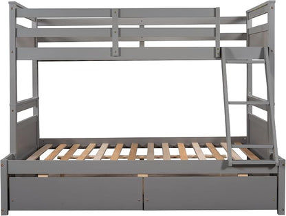 Twin Over Full Bunk Beds with 2 Under Bed Storage Drawers, Stronger & More Stable Bunkbed, Gray