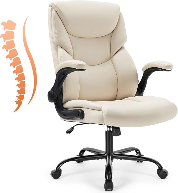 Sweetcrispy Office Executive Chair - Heavy Duty High Back Home Desk Chair with Flip-up Armrest, PU Leather, Height Adjustable & Swivel Rolling with Wheels, Beige