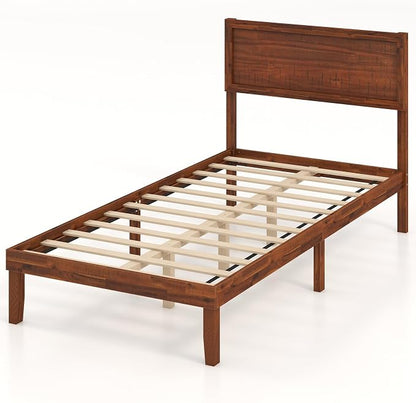 KOMFOTT Twin Size Wood Bed Frame with Headboard, Solid Acacia Wood Platform Bed Frame, Wooden Slats Supported Bed Base with Under-Bed Storage Space, No Box Spring Needed Mattress Foundation