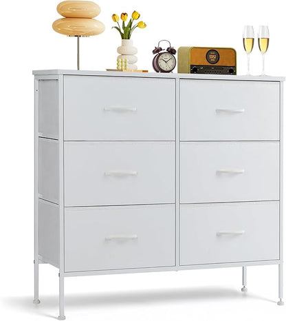 6-Drawer Dresser for Bedroom, Anti-Tip Wide Storage Organizer Chest of Drawers with Wooden Top and Metal Frame Fabric Bins for Closet, Living Room, Hallway, Entryway, White