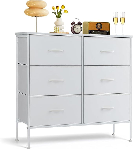6-Drawer Dresser for Bedroom, Anti-Tip Wide Storage Organizer Chest of Drawers with Wooden Top and Metal Frame Fabric Bins for Closet, Living Room, Hallway, Entryway, White