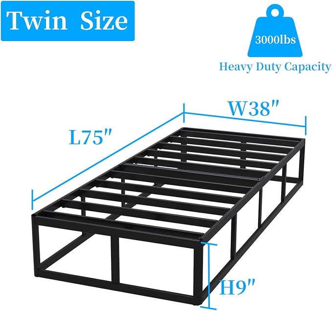 OSASET Twin Box Spring, 9 Inch Metal Twin Box Spring Only, Heavy Duty Metal Frame Mattress Foundation Support for 3000lbs, Easy Assembly, Noise Free, Non Slip