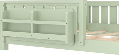 Bellemave Full Size Floor Bed with high Rails and with Built-in Bookshelf for Kids, Girls, Boys, Wood Montessori Floor Bed Without Door, Avocado Green