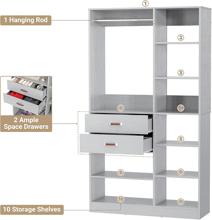 Armocity Freestanding Closet System, 40 Inches Stand-Alone Wardrobe with 10 Shelves, 80'' Height Adjustable Cloth Garment Rack with 2 Wood Drawers, Wood Walk-in Closet with Hanging Rod, Grey