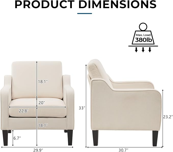 VINGLI Mid Century Modern Accent Chair, Beige Fabric Accent Chairs for Living Room Upholstered Armchair Sofa with Scooped Arms for Bedroom, Apartment, Studio, Office, Waiting Room