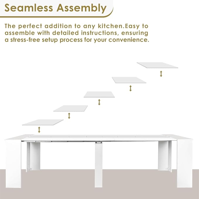 Extendable Dining Table, Transformer Console Table for 1-12 People, Space Saving Dining Room Table for Homes, Apartments, White