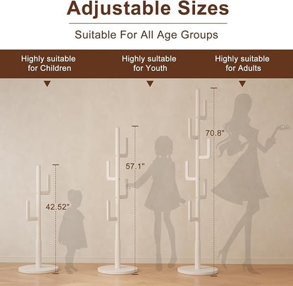 Muwuele Solid Wood Cactus Coat Rack, Freestanding Coat Rack With 6 L-Shaped Hooks and 3 Adjustable Sizes, Coat Tree for Bedroom, Entryway, Livingroom, Coat Hanger Stand for Coats, Handbags (White)