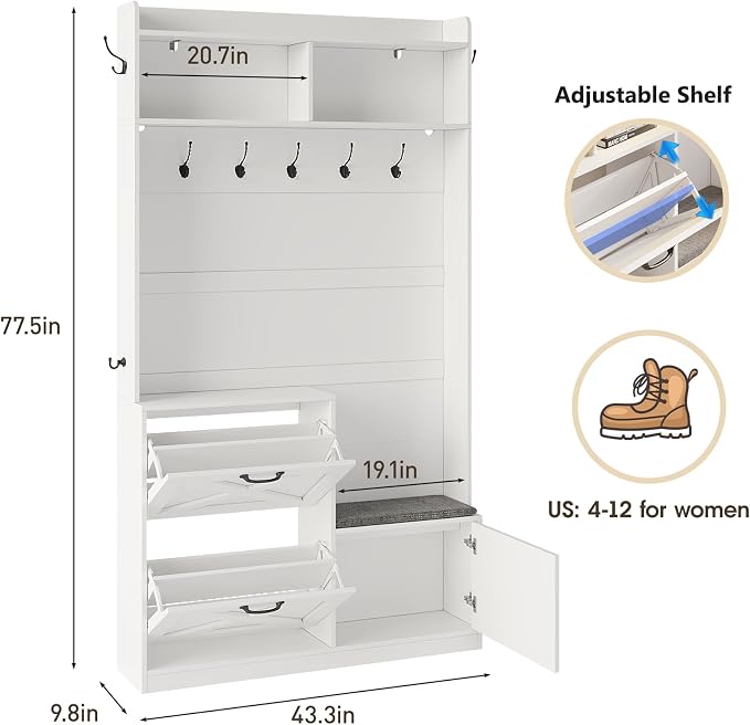 Maupvit Narrow Hall Tree with Shoes Storage, Entryway Bench with Coat Rack and Led Lights, 78" Tall Hall Tree with 9 Coat Hooks, 2 Shoe Storage Cubbies & Umbrella Hooks for Mudroom, Hallway