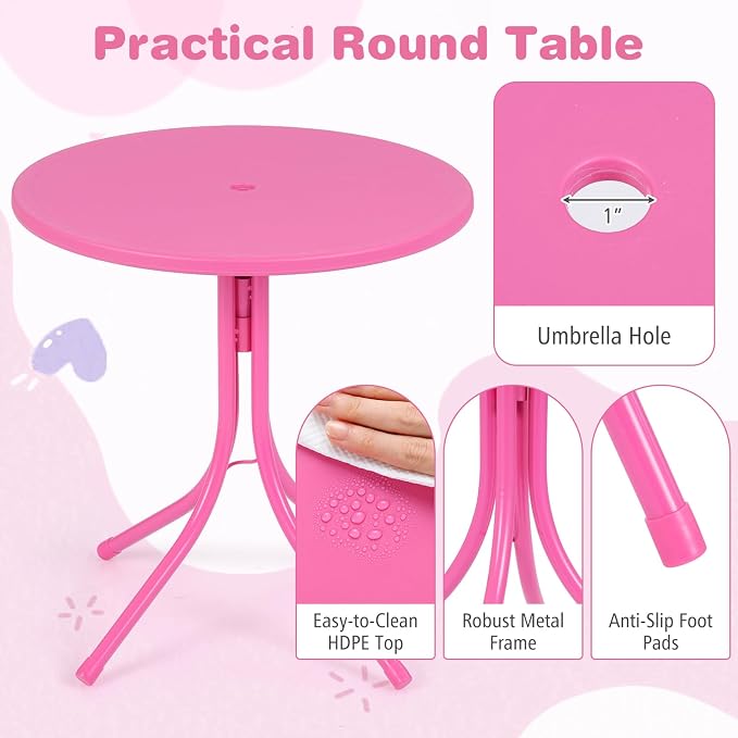 Costzon Kids Picnic Table, Kids Outdoor Table with 2 Folding Chairs, Height Adjustable Umbrella, Portable Children Outdoor Furniture for Patio, Garden, Backyard (Pink Flowers)