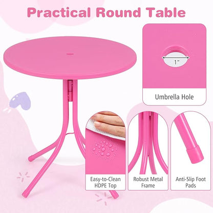 Costzon Kids Picnic Table, Kids Outdoor Table with 2 Folding Chairs, Height Adjustable Umbrella, Portable Children Outdoor Furniture for Patio, Garden, Backyard (Pink Flowers)