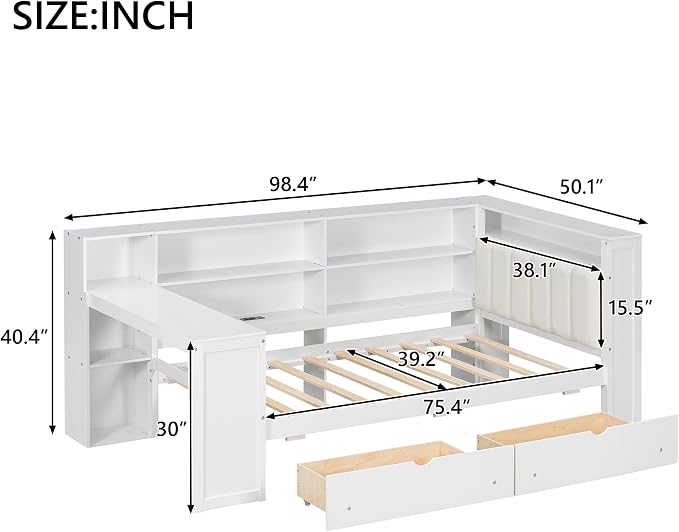 Bellemave Twin Corner Bed with Storage Shelves and Desk, Upholstered Headboard Daybed with Bookcase and Drawers，Daybed with Storage, White+Beige Cushion