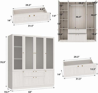 MOUMON Bedroom Armoires with Frosted Glass Doors and Hanging Rod, Wide Modern Wardrobe with Drawers, Large Armoire Wardrobe Closet, Wood Grain 63" W x 19.7" D x 70.9" H