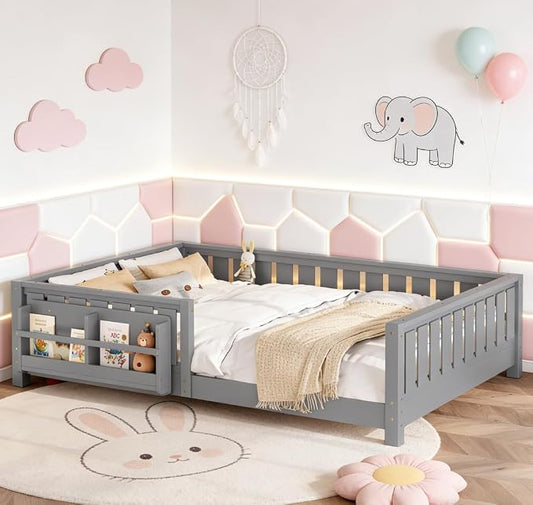 Bellemave Queen Size Floor Bed with high Rails and with Built-in Bookshelf for Kids, Girls, Boys, Wood Montessori Floor Bed Without Door, Gray