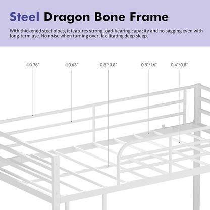 Low Metal Bunk Bed Frame for Kids, with Built-in Ladder, High Guardrail and Metal Slats, Floor Bed Bottom Bunk, No Boxspring Required, for Small Spaces, Twin-Over-Twin (White)