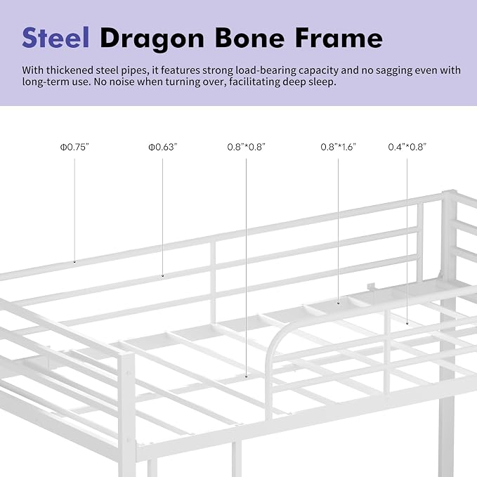 Low Metal Bunk Bed Frame for Kids, with Built-in Ladder, High Guardrail and Metal Slats, Floor Bed Bottom Bunk, No Boxspring Required, for Small Spaces, Twin-Over-Twin (Silver)
