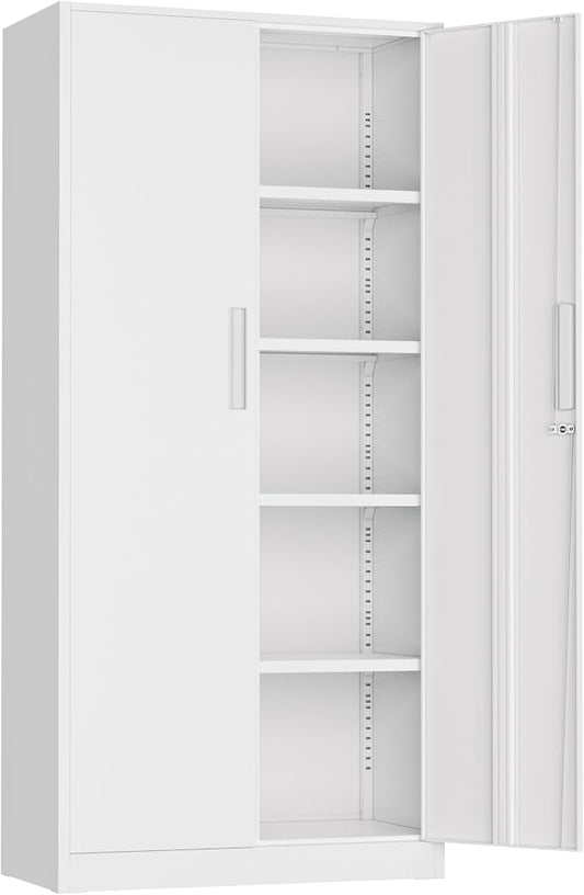 Incbruce 72” Metal Storage Cabinet, Locking Tall Steel Storage Cabinet with 2 Doors and 4 Adjustable Shelves for Garage, Home, Office (White)