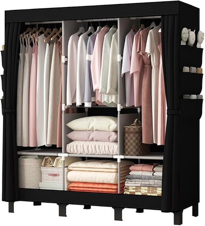 Portable Closet, 51.18" Large Capacity Clothing Storage Organizer with 3 Hanging Rods 6 Shelves 18 Side Pockets, Dustproof Sturdy Wardrobe for Bedroom Dorm Rental Apartment(Black, Large)