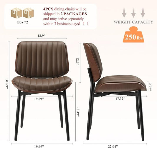 MALOL Leather Dining Chairs Set of 4, Modern Upholstered Dining Room Kitchen Chairs with Metal Legs and Wooden Back Support for Home Dining Room/Restaurant, Brown