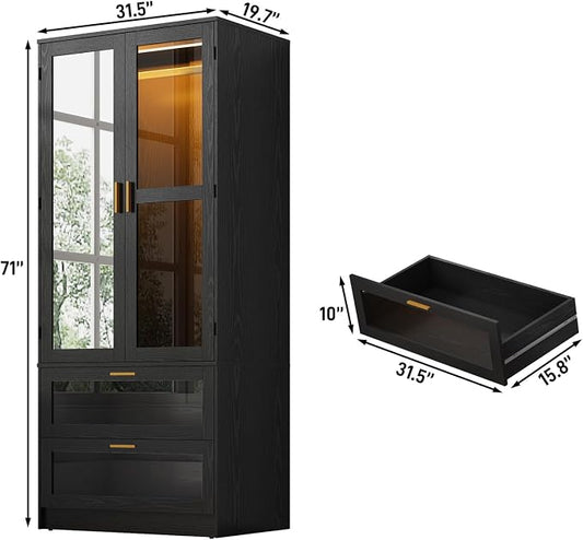 2 Doors Armoire Wardrobe Closet with LED and Mirror,71" H Freestanding Wooden Wardrobe Closet Cabinet for Bedroom w 2 Drawers,Wooden Clothing Storage Cabinet w Hanging Rod,Closets for Bedroom(Black)