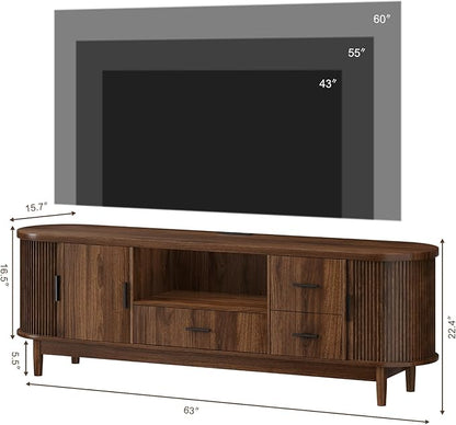 Haewon 63" Mid Century Modern TV Stand for TVs up to 75 Inch, Wood Entertainment Center with LED Lights and Power Outlet, Modern TV Console with Fluted Sliding Doors for Living Room, Walnut