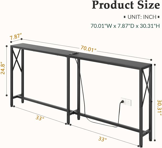 Gewudraw Console Table Narrow Long, Behind Couch Table with Oulets & USB Ports, Industrial Long Skinny Stand for Entryway,Hallway, Living Room, Bedroom Black, 7.9" D x 70" W x 30.3" H