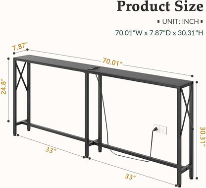 Gewudraw Console Table Narrow Long, Behind Couch Table with Oulets & USB Ports, Industrial Long Skinny Stand for Entryway,Hallway, Living Room, Bedroom Black, 7.9" D x 70" W x 30.3" H