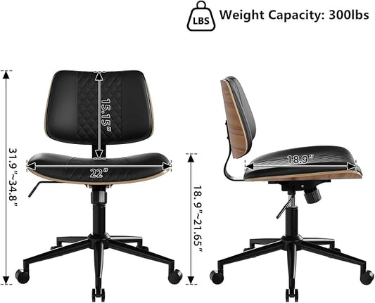 Modern Armless Office Chair with Wheels, Adjustable Swivel Desk Chair with Wide Seat and Tilt Function, Faux Leather Mid Century Task Chair for Home Office, Bedroom, Vanity, Black