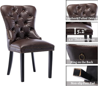 EALSON Modern Dining Chairs Set of 6 Mid Century Leather Dining Room Chairs with Wood Legs Tufted Upholstered Kitchen Side Chairs with Nail Head Trim for Dining Room/Living Room, Coffee with Ring
