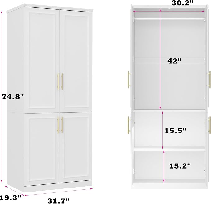 Timechee Almirah for Clothes, 74.8" Tall Bedroom Closet Storage Cabinet with Doors and Shelves, Hanging Rod, White Standing Wardrobe Clothes Closet for Bedroom, Armario Storage Cabinet for Clothes