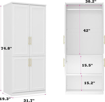 Timechee Almirah for Clothes, 74.8" Tall Bedroom Closet Storage Cabinet with Doors and Shelves, Hanging Rod, White Standing Wardrobe Clothes Closet for Bedroom, Armario Storage Cabinet for Clothes