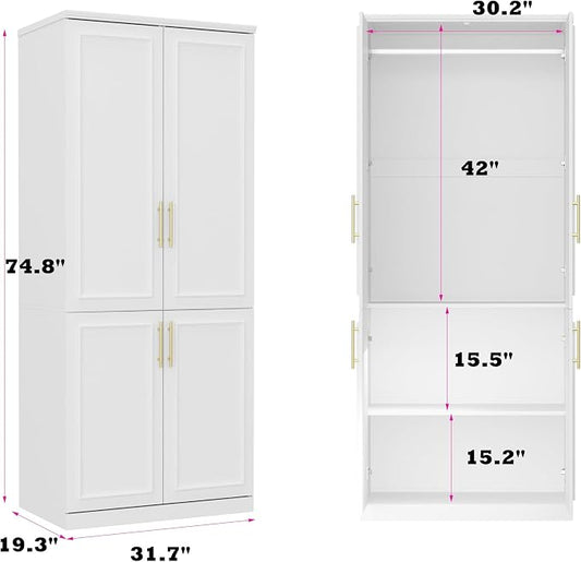 Timechee Almirah for Clothes, 74.8" Tall Bedroom Closet Storage Cabinet with Doors and Shelves, Hanging Rod, White Standing Wardrobe Clothes Closet for Bedroom, Armario Storage Cabinet for Clothes