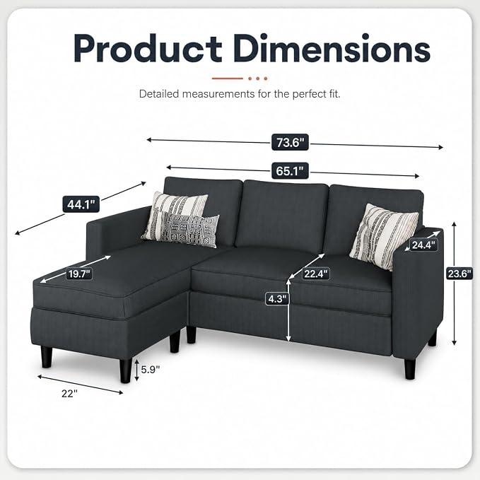 73.6" Convertible Sectional Sofa Couch with Reversible Ottoman, Modern 3-Seater L-Shaped Couch for Small Spaces, Compact Fabric Sofa for Apartment, Living Room & Office, Easy Assembly (Gray)