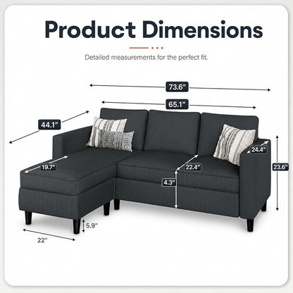 73.6" Convertible Sectional Sofa Couch with Reversible Ottoman, Modern 3-Seater L-Shaped Couch for Small Spaces, Compact Fabric Sofa for Apartment, Living Room & Office, Easy Assembly (Gray)