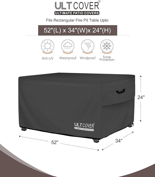 ULTCOVER Rectangular Gas Fire Pit Table Cover 52x34 inch Waterproof Heavy Duty Firepit Cover, Black