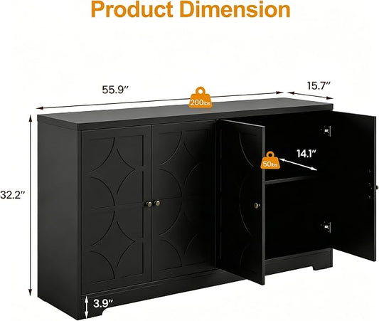 RoyalCraft Sideboard Buffet Cabinet with Storage, 56" Modern Sideboard with 4 Carved Doors, Large Wood Coffee Bar Console Table for Kitchen, Dining Room, Entryway, Living Room, Black