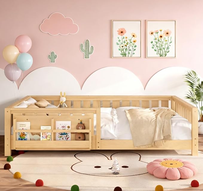 Bellemave Queen Size Floor Bed with high Rails and with Built-in Bookshelf for Kids, Girls, Boys, Wood Montessori Floor Bed Without Door, Light Natural