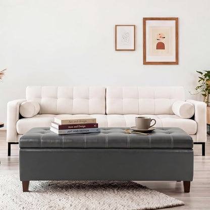 Joveco Storage Ottoman Bench, Tufted Leather 51 Inch Storage Bench for End of Bed Bedroom Living Room (51”, Dark Gray)