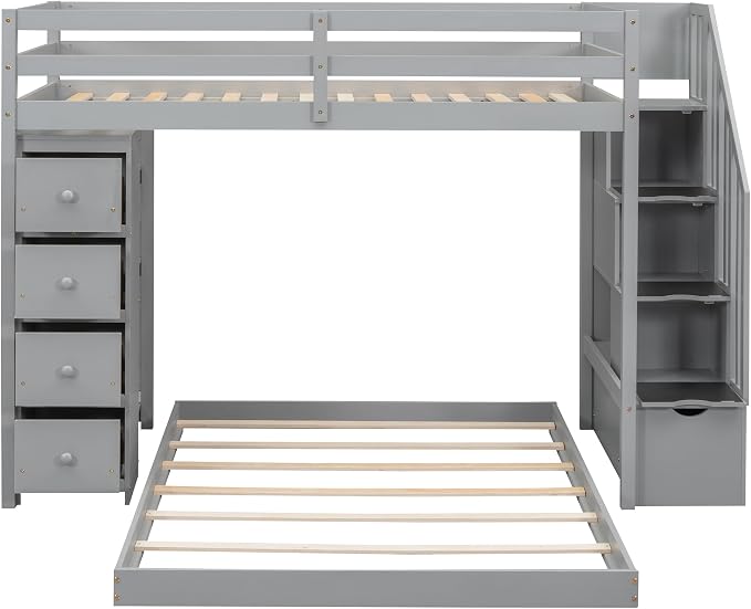 Ball & Cast Twin Over Full Bunk Bed with Safty Guardrail & Storage Stairs,Wood Bedframe W/ 3-Layer Shelves & Drawers,Easy Assembly,Space Saving,Compact Bedroom Furniture Set for Boy Girl Teens,Gray