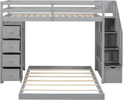 Ball & Cast Twin Over Full Bunk Bed with Safty Guardrail & Storage Stairs,Wood Bedframe W/ 3-Layer Shelves & Drawers,Easy Assembly,Space Saving,Compact Bedroom Furniture Set for Boy Girl Teens,Gray