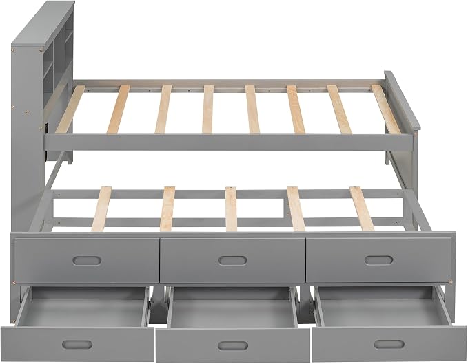 Merax Twin Size Platform Bed with Storage Headboard, USB, Wood Bedframe with Twin Size Trundle and 3 Drawers, Grey