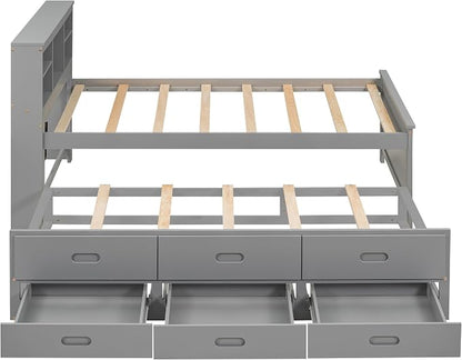 Merax Twin Size Platform Bed with Storage Headboard, USB, Wood Bedframe with Twin Size Trundle and 3 Drawers, Grey