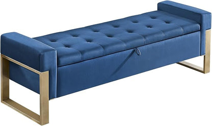 67'' End of Bed Storage Bench King Size, Storage Ottoman Bench for Bedroom, Modern Velvet Bed Benches for Foot of Beds with Gold Legs for Window Living Room Entryway, Dark Blue