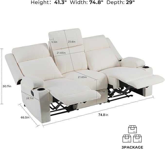 GUEAPY Large Manual Reclining Sofa 3-Seater Chenille Reclining Couch with Cup Holders, Wide Seat, Easy Assembly & Spill-Resistant Fabric Cozy Reclining Sofa for Living Room, Apartment, RV, Beige