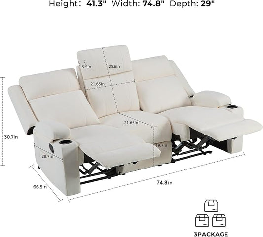 GUEAPY Large Manual Reclining Sofa 3-Seater Chenille Reclining Couch with Cup Holders, Wide Seat, Easy Assembly & Spill-Resistant Fabric Cozy Reclining Sofa for Living Room, Apartment, RV, Beige