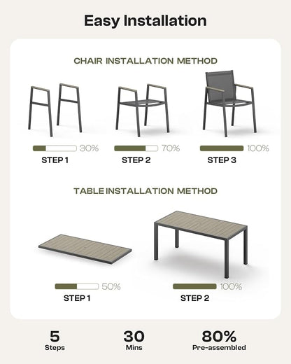 Outdoor Dining Set for 4, Aluminum Patio Table and Chairs Set, 5-Piece All Weather Patio Dining Furniture Set with Umbrella Hole for Backyard, Deck, Poolside (Gray)